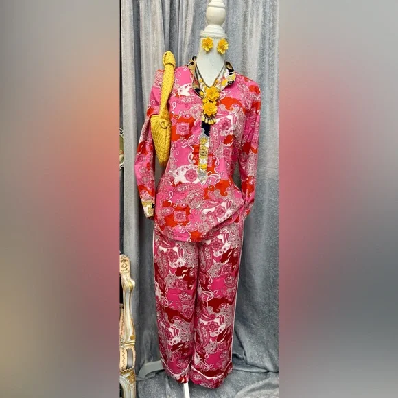 Vibrant Pink and Red Paisley Blouse and Pants